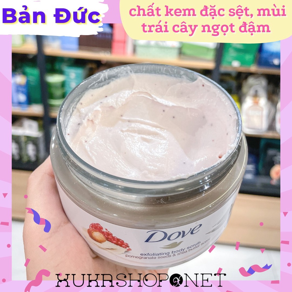 [Bản Đức/Mỹ] Tẩy tế bào chết Body Dove chăm sóc da chiết xuất hạt Macca &amp; Sữa Gạo, Lựu &amp; Bơ Hạt Mỡ 298gr