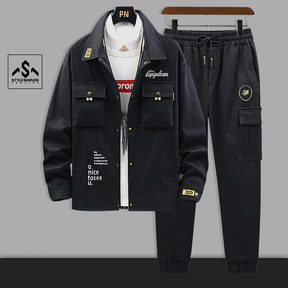 Bộ quần áo nam kaki dài tay cổ bẻ túi hộp kết hợp jogger bo gấu phối sọc cá tính STYLE MARVEN - SET NAM 90000124C - Hàng