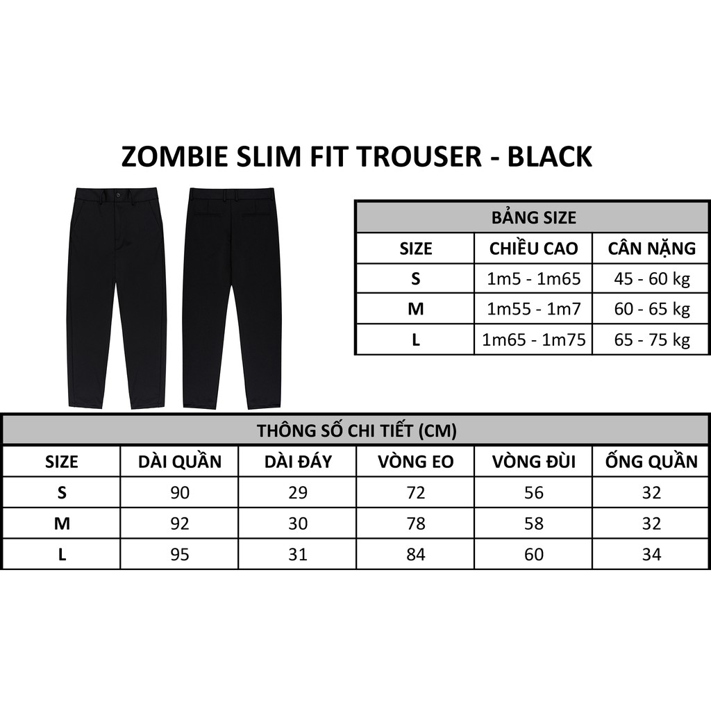 Quần ZOMBIE® Slim Fit Trouser - Black (mới) | BigBuy360 - bigbuy360.vn