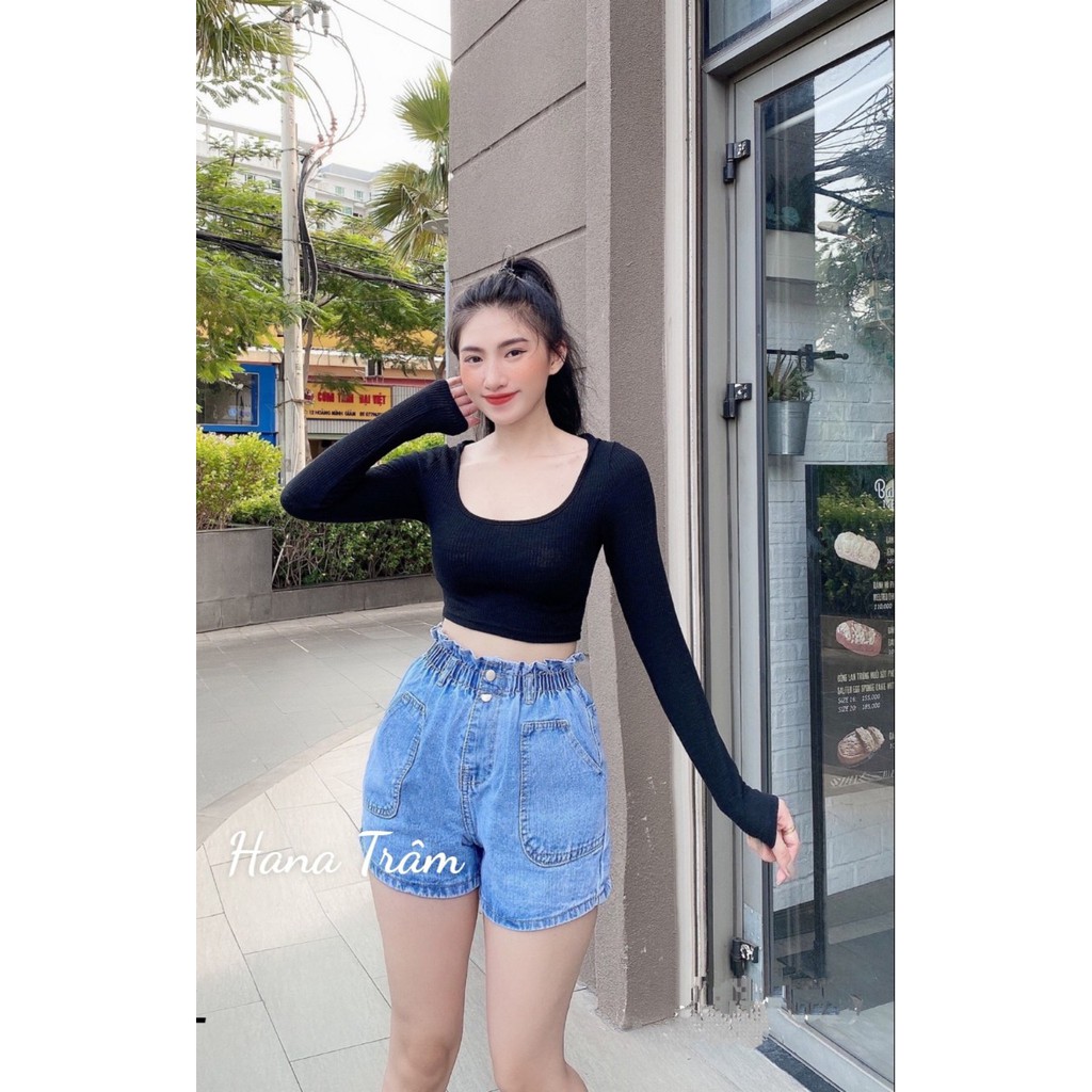 Quần sọt jean nữ lưng thun siêu cao 2 nút ảnh thật