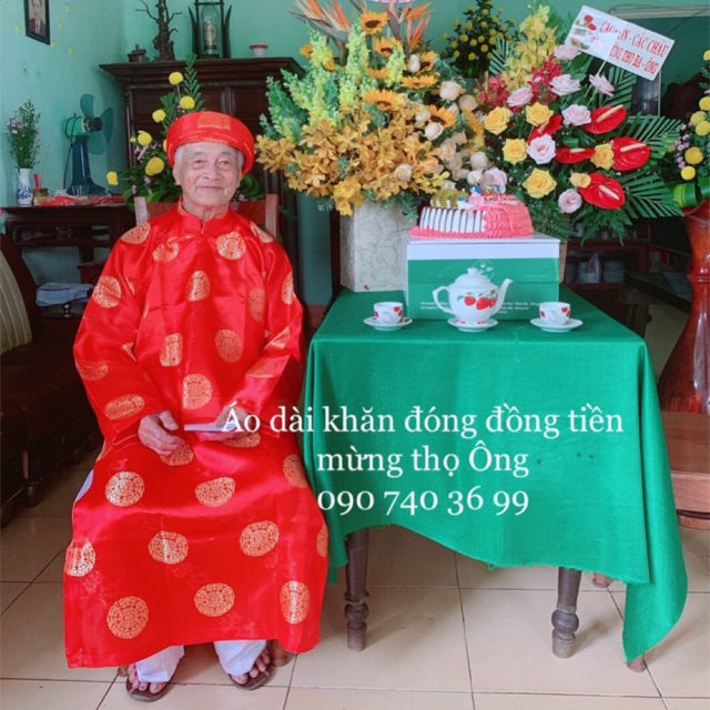 Cả bộ Áo Dài Mừng Thọ Ông Bà Gấm Thọ Thượng Hải (Áo, Khăn Đóng và Quần)
