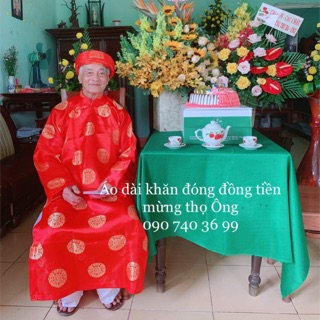 Cả bộ Áo Dài Mừng Thọ Ông Bà Gấm Thọ Thượng Hải (Áo, Khăn Đóng và Quần)