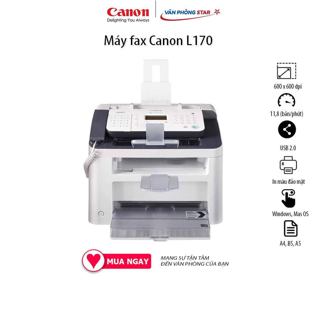 Máy fax laser đa năng Canon L170 Fax - Copy - In, Tốc độ18 trang/phút, 600 dpi x 600 dpi, ADF, USB 2.0 High Speed