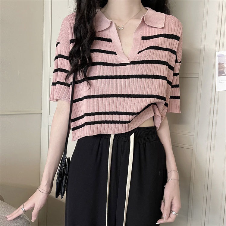 Áo thun dệt kim ZHELIHANGFEI cổ polo họa tiết kẻ sọc thời trang cá tính