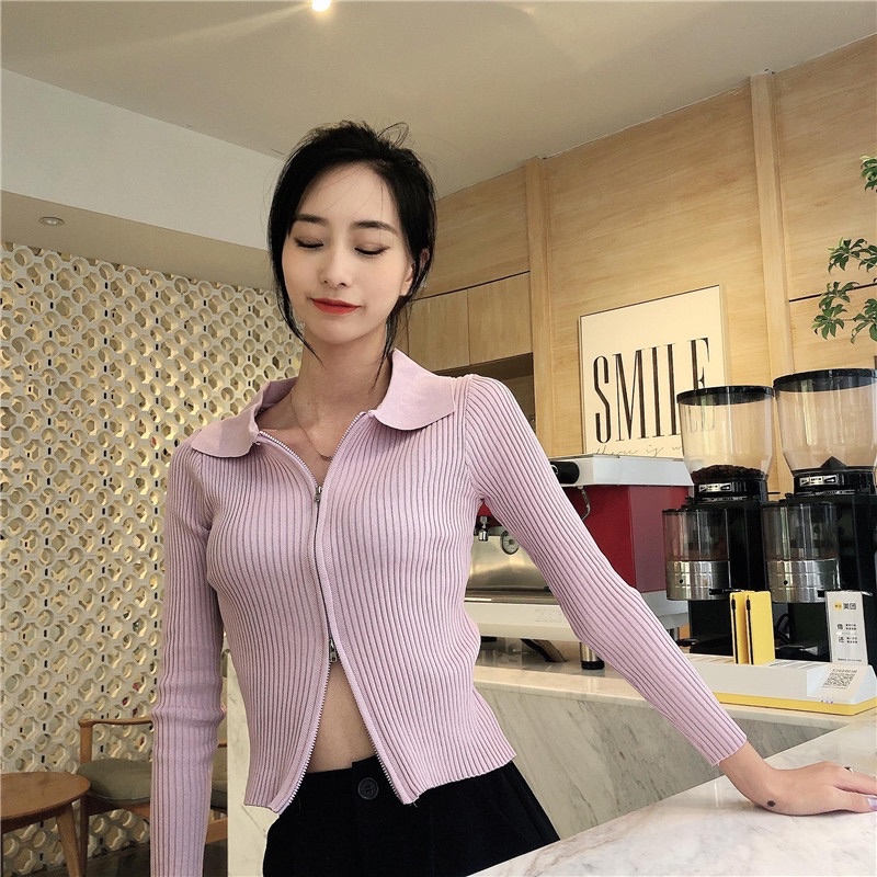 [Hot] Áo Len Tăm Gân Body Dài Tay Nữ Cổ Bẻ Khoá 2 Đầu Ôm Body Màu Trơn Cá Tính, Quyến Rũ