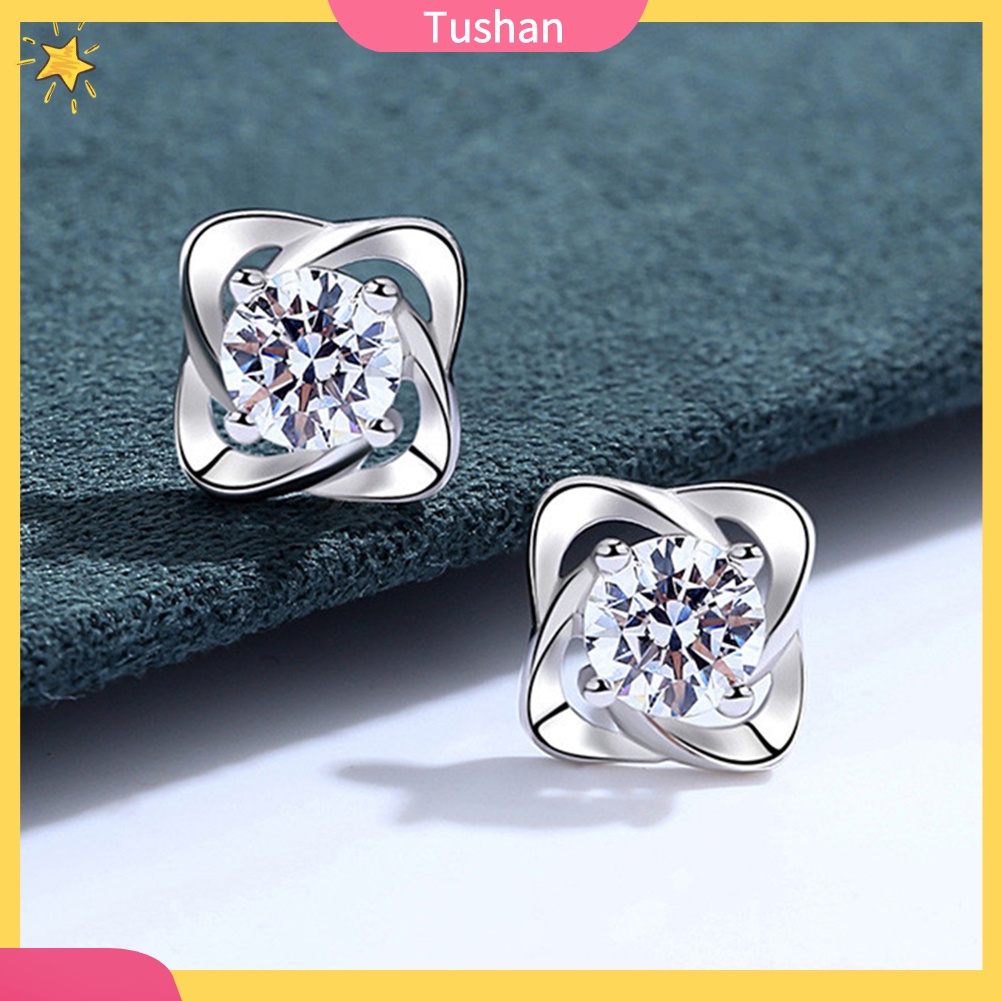 Khuyên tai hình lá 4 cánh khảm kim cương giả quà tặng cho lễ Valentine