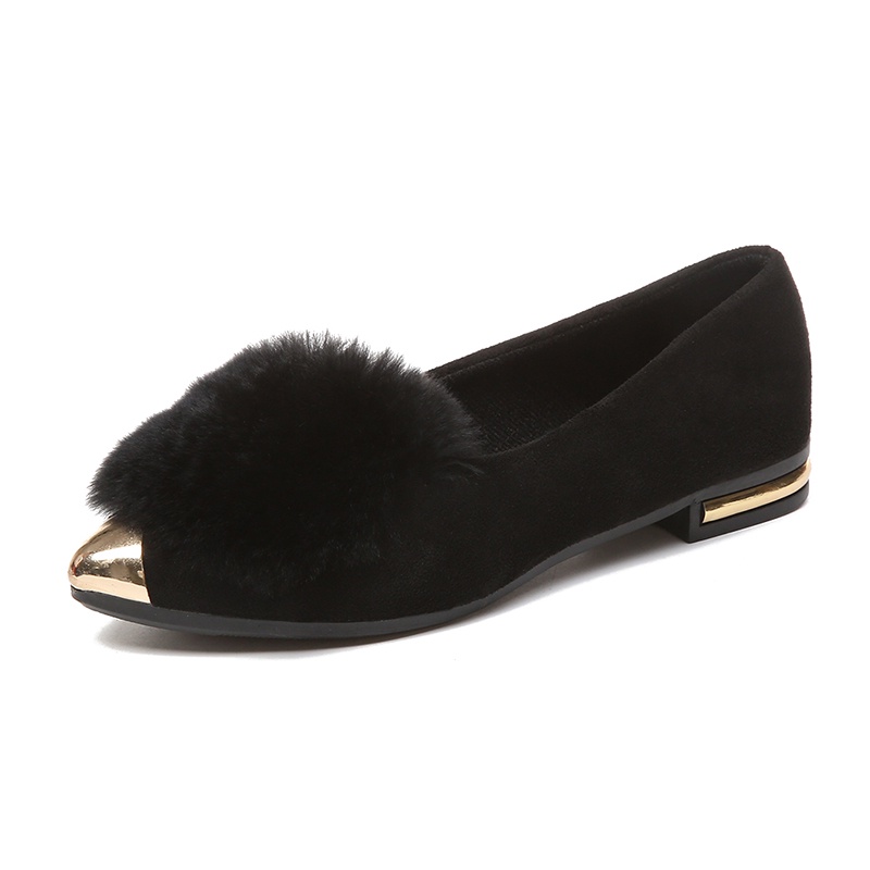 Giày Búp Bê Mũi Nhọn Phối Lông Đế Dày Thời Trang Mùa Thu Hàn Quốc Mới 2021