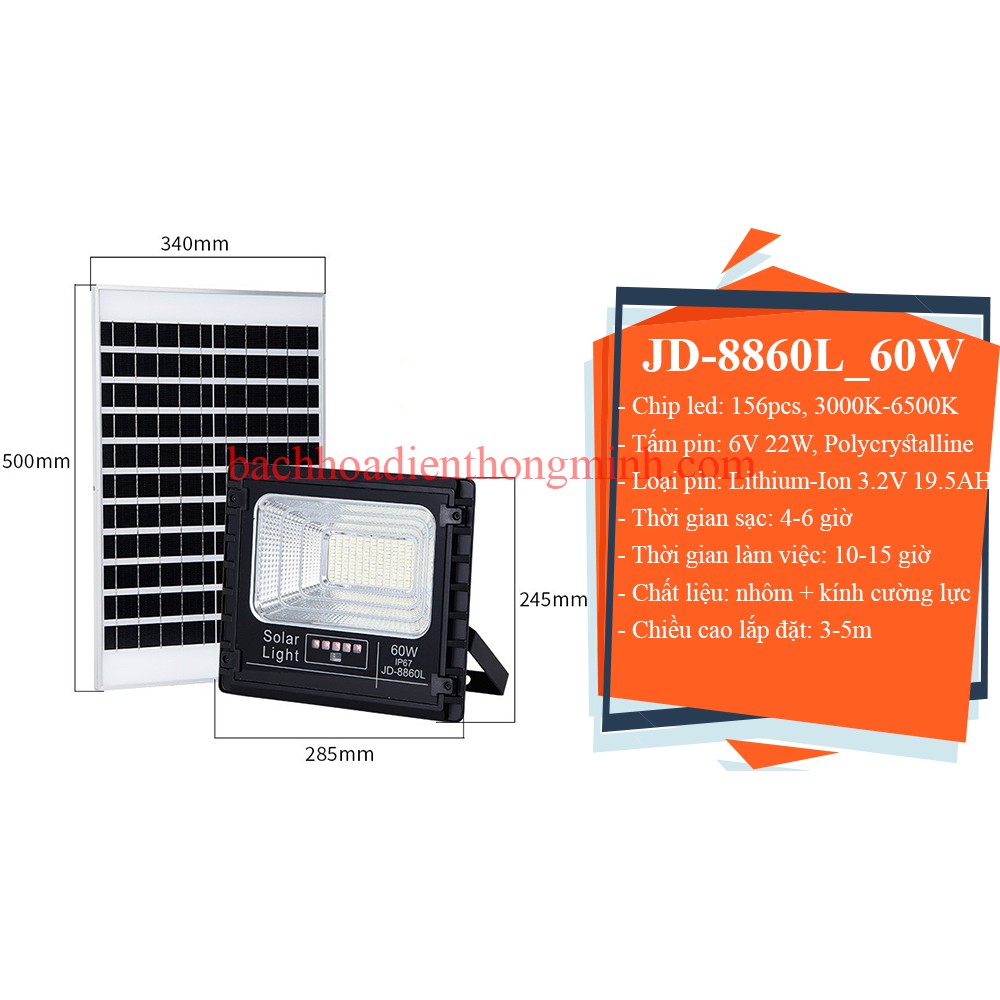 [JINDIAN JD8860L]  Đèn Pha Năng Lượng Mặt Trời 60W JD8860L Bảo Hành 24 Tháng  HÀNG CHÍNH HÃNG