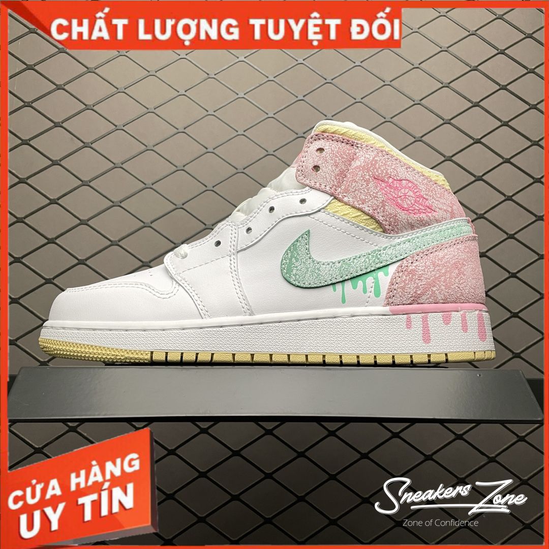 (FREESHIP+HỘP+QUÀ) Giày Thể Thao AIR JORDAN 1 Mid Paint Drip Màu Hồng Giọt Sơn Nhỏ Giọt Cổ Cao SNEAKERS WORLD