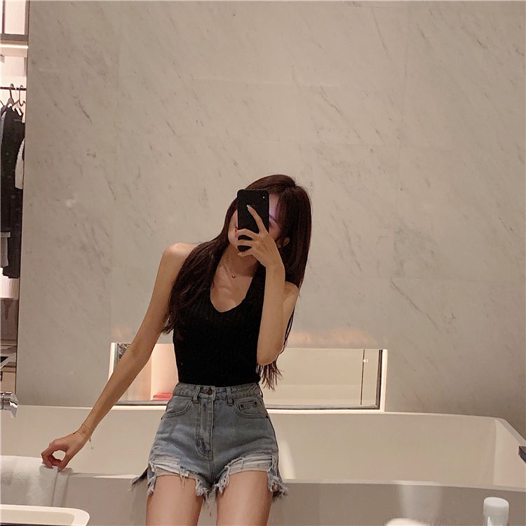 Cocory vn Quần Short Denim Lưng Cao Phối Rách Thời Trang Mùa Hè Quyến Rũ Cho Nữ