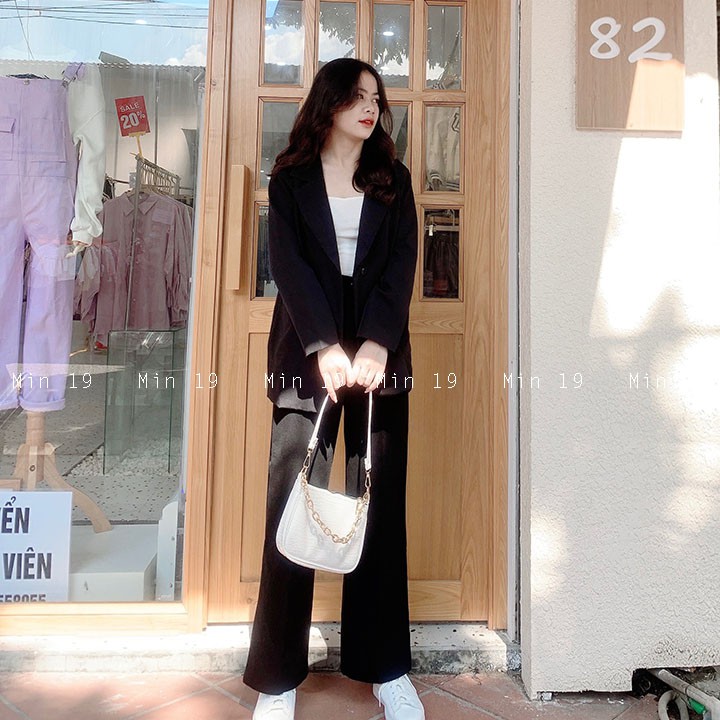 Áo vest nữ blazer 2 lớp Hàn Quốc trơn dáng rộng tay dài túi nắp kiểu bigsize công sở cá tính màu đen be nâu thời trang