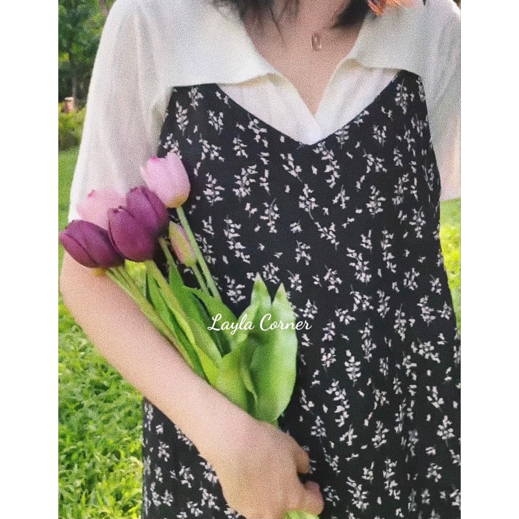 Váy 2 dây hoa nhí Vintage thiết kế dài qua gối dáng suông cho nàng thơ mùa hạ