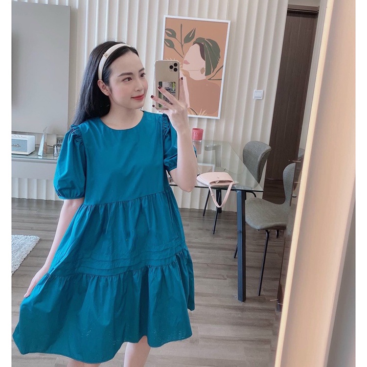 Đầm babydoll tay phồng xanh navy Váy cổ tròn đuôi cá xinh xắn