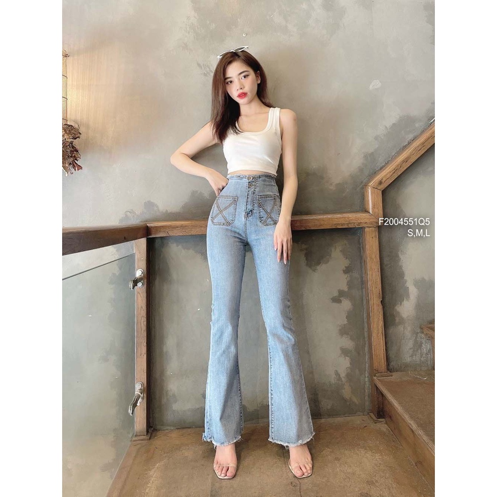 Quần jean ống loe dài lưng cao đắp hai túi trước!.