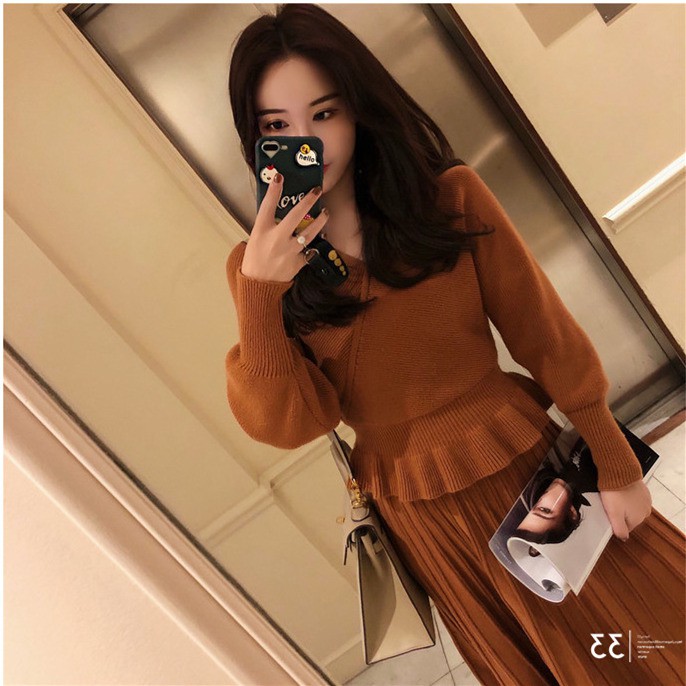 Sét áo váy len xoè thun eo