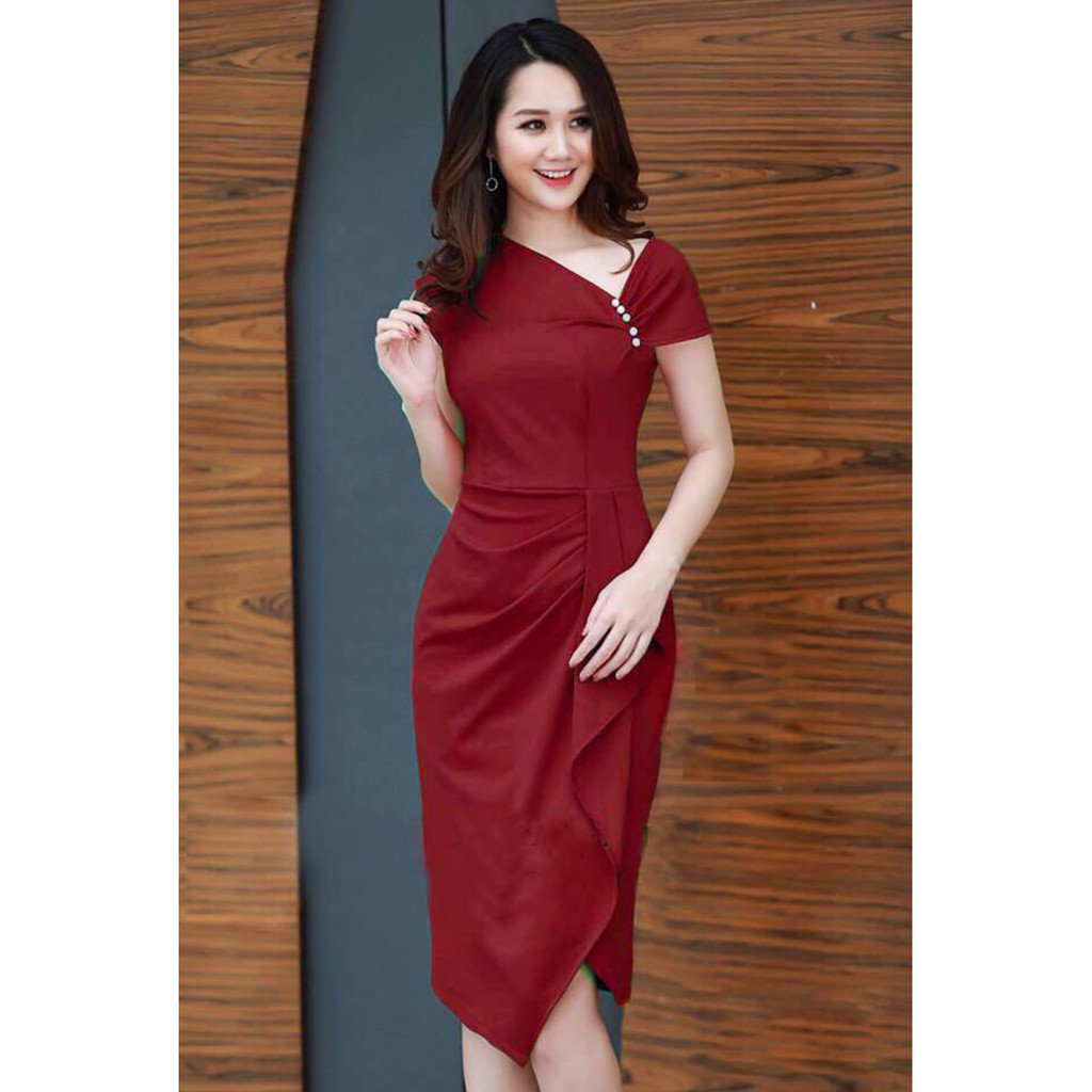 ĐẦM NỮ ÔM BODY LỆCH VAI XẾP LY ĐÍNH NGỌC VẢI UMI MỀM MỊN CO GIÃN V284 | BigBuy360 - bigbuy360.vn