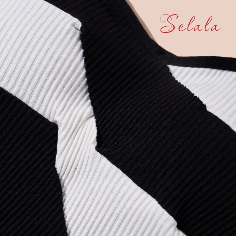 Áo 2 Dây Selala Gân Tăm Phối Sọc Ngang Dáng Ôm Có Sẵn Đếm 2D20