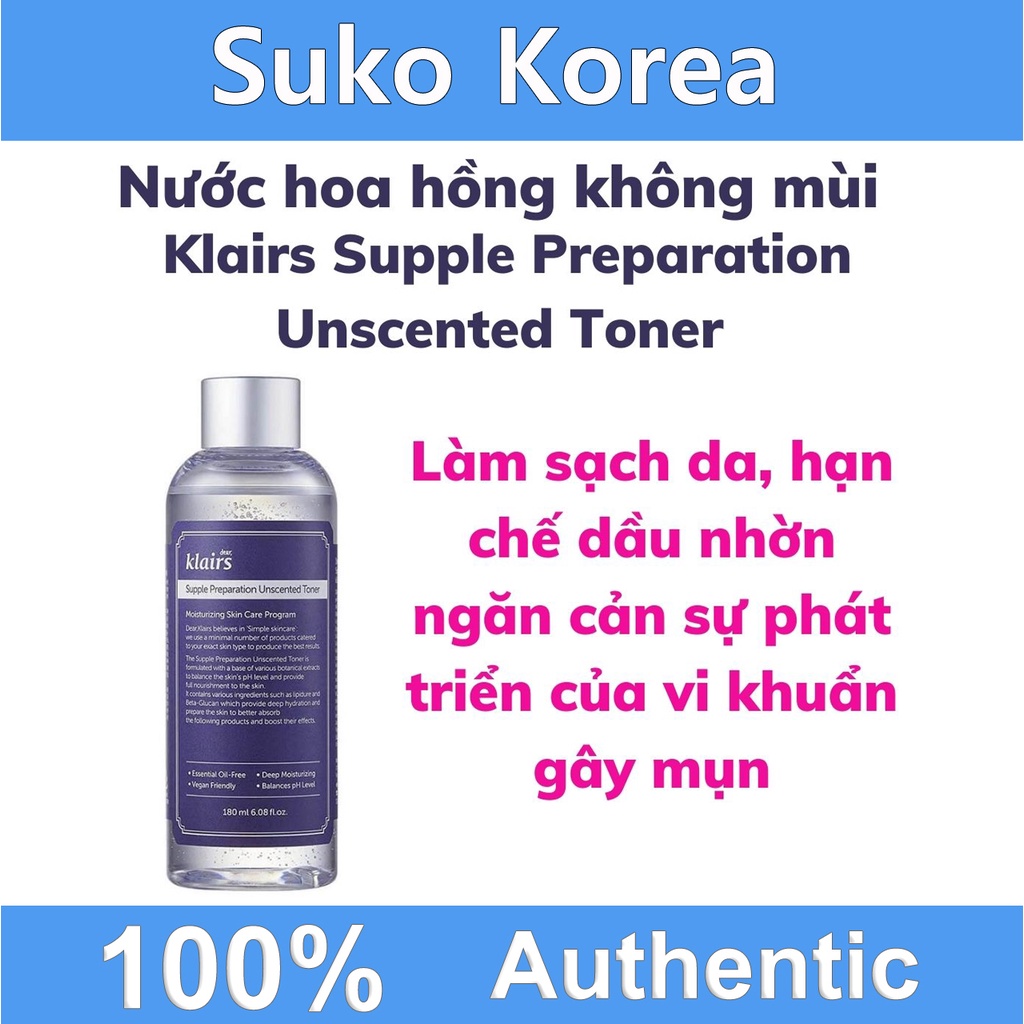 Toner klairs không mùi, nước hoa hồng chống viêm không mùi Klairs Supple Preparation Unscented Toner 180ml chính hãng