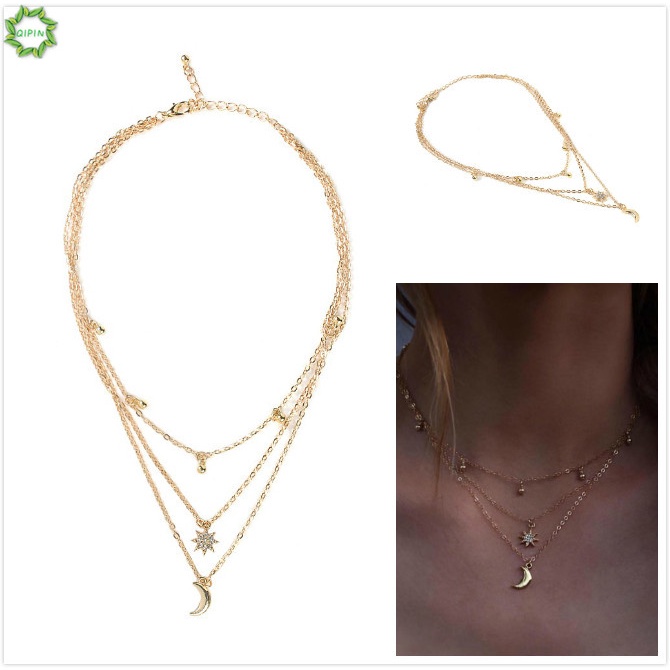 Dây Chuyền Choker Nhiều Lớp Mặt Hình Mặt Trăng Phong Cách Hàn Quốc Quyến Rũ Cho Nữ