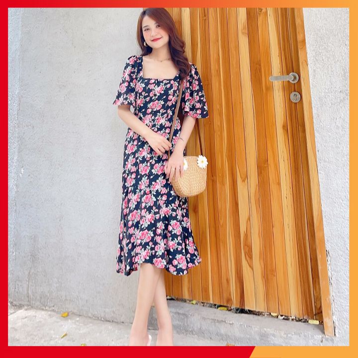 Đầm xòe hoa⚡𝗙𝗥𝗘𝗘 𝗦𝗛𝗜𝗣⚡ Đầm hoa cổ U cúc bọc phối tay cánh tiên siêu che khuyết điểm màu cực ngọt | BigBuy360 - bigbuy360.vn