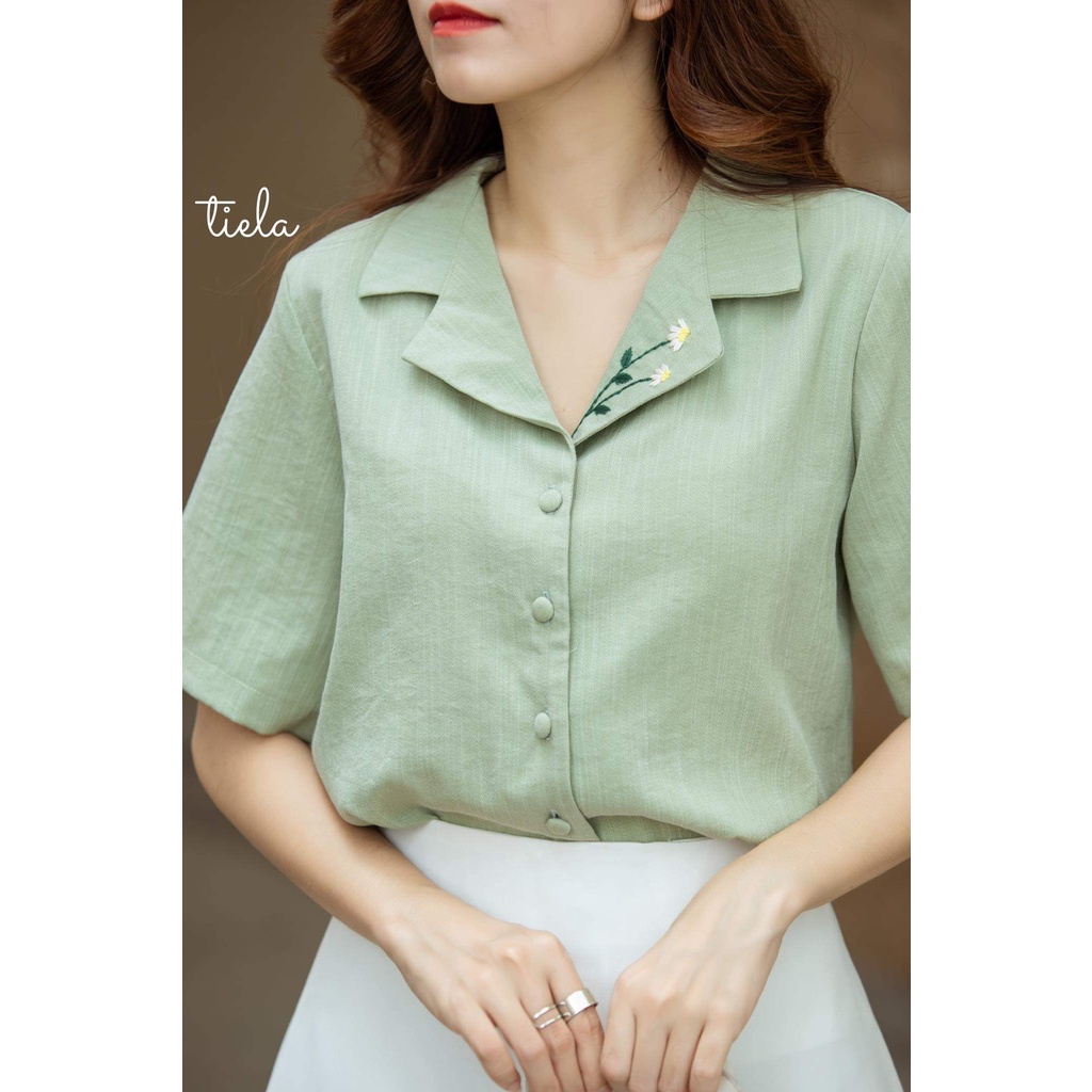 Áo Sơ Mi Thêu Hoa Cúc Tay Ngắn Tiela - Áo Sơ Mi Công Sở Daisy Shirt