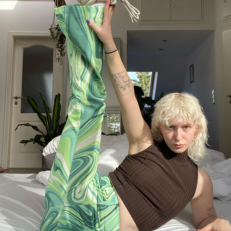 DUNEA Fashion Water Ripple Contrast Color High-waist Woven Trousers