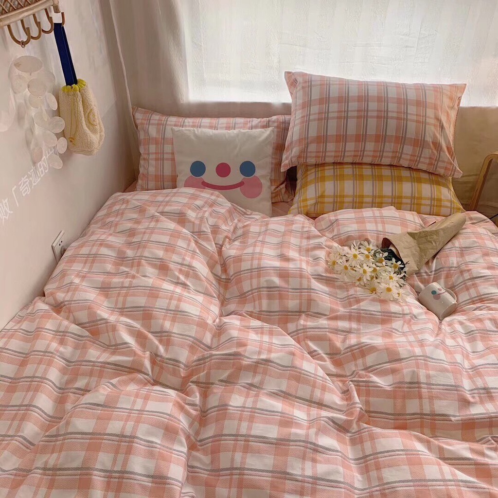 Bộ chăn ga Cotton Poly M2T bedding chăn ga Hàn Quốc kẻ hồng ga hồng đủ size miễn phí bo chun