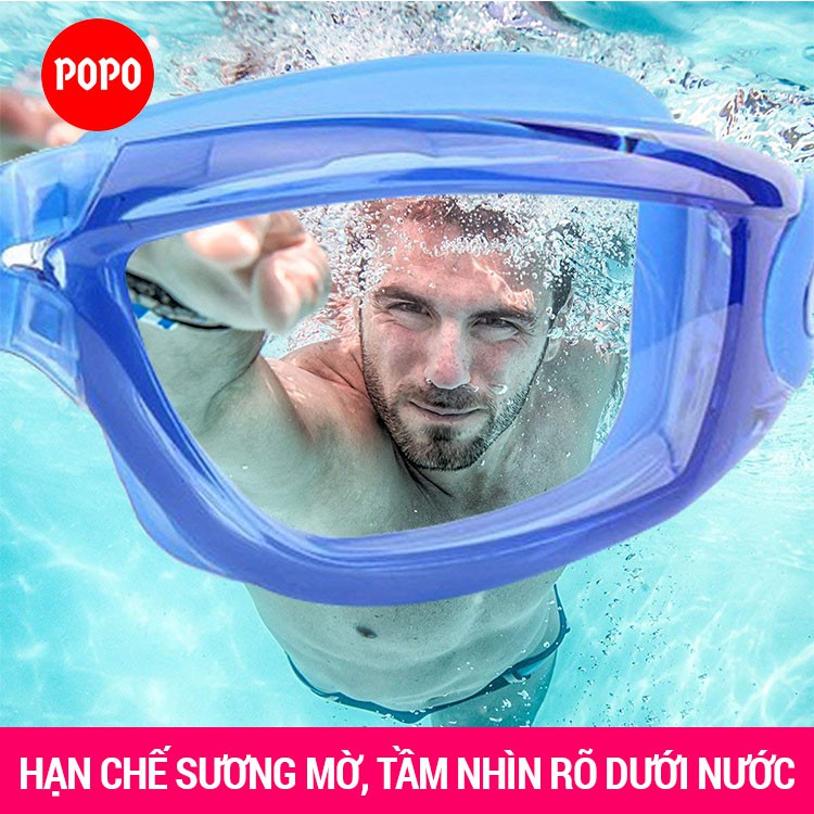 Kiếng bơi người lớn nam nữ chính hãng POPO kèm mũ bơi trơn, bịt tai kẹp mũi cản tia UV