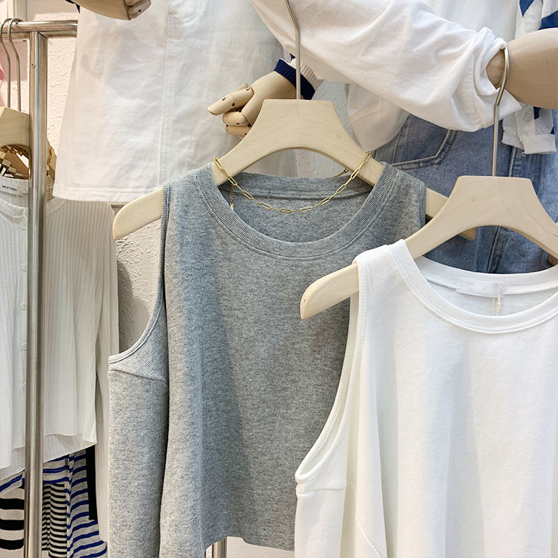 good- Women's Long Sleeve Crank Hollow Monochrome Autumn New Style Korean Fashion Top