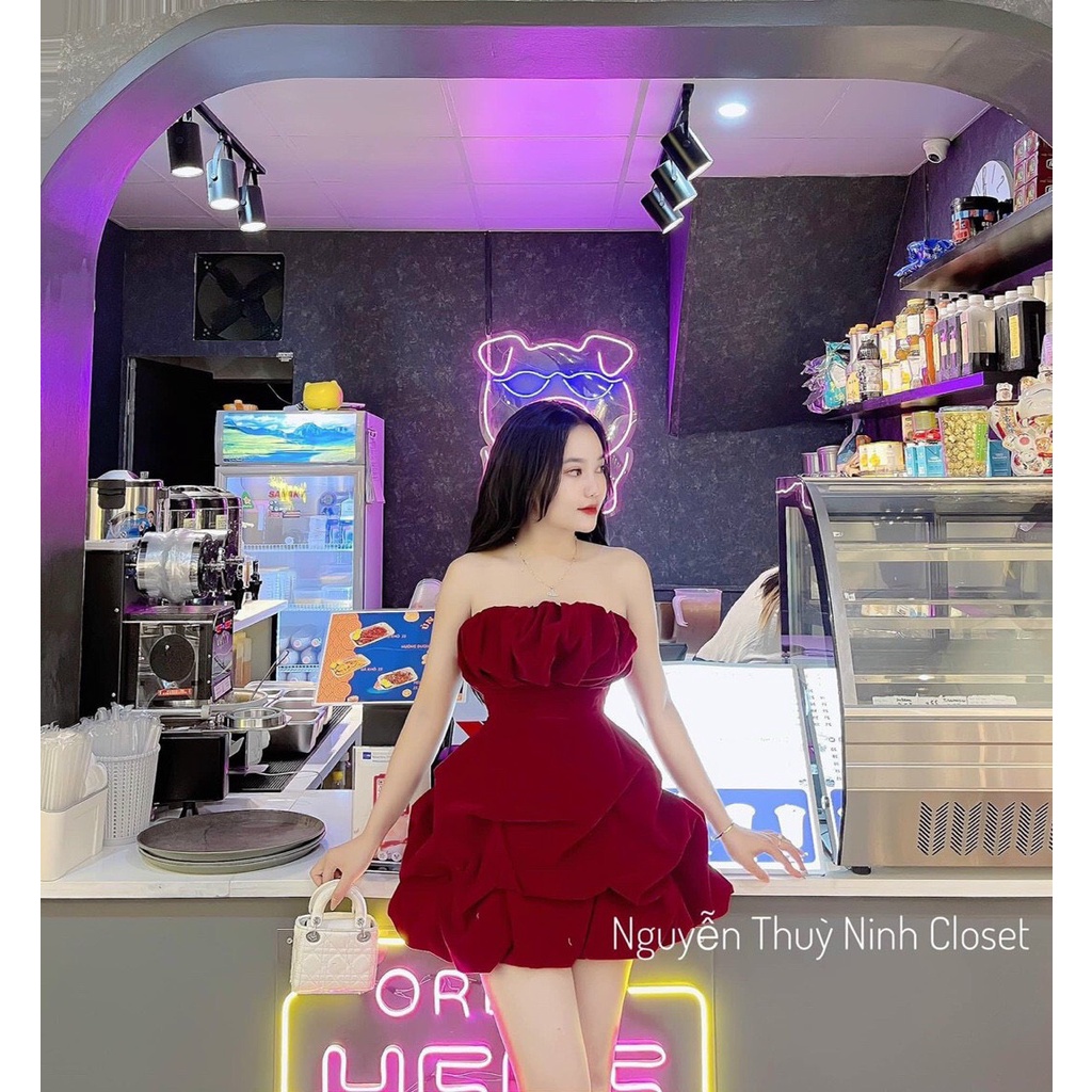 Đầm Váy Nhung Tùng Bí Cúp Ngực Có Sẳn Mút Ngực