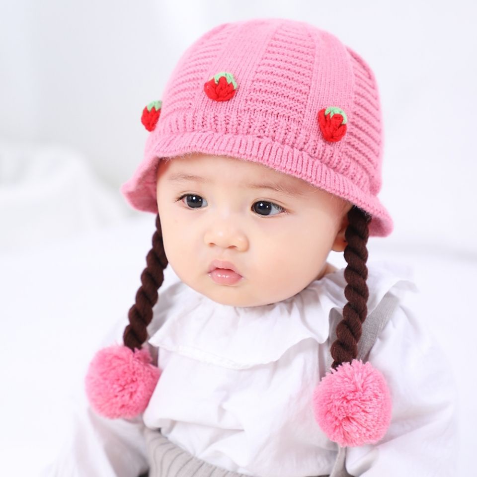 Mũ Len Bảo Vệ Tai Đính Tóc Giả Thắt Bím Cho Bé Gái