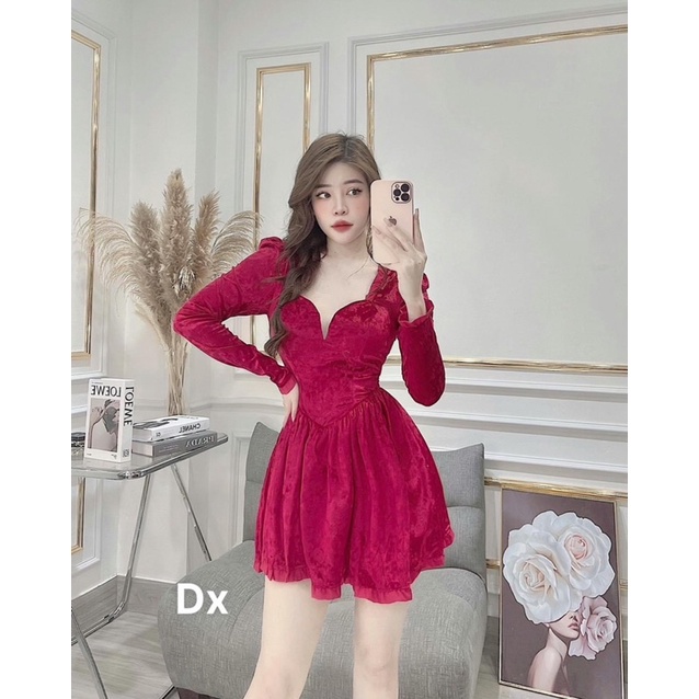E về thêm đầm nhung nhám dáng ngắn 2 màu đỏ - hồng nhạt Đầm 2 lớp có lót quần nha