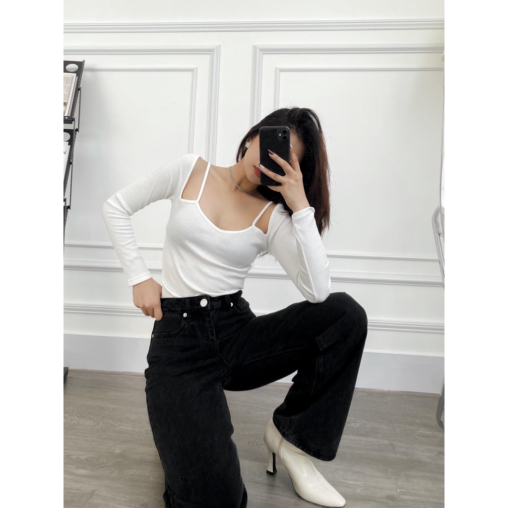 Áo kiểu thun tay dài cut out phần vai thời trang GAGO màu trắng GA3647