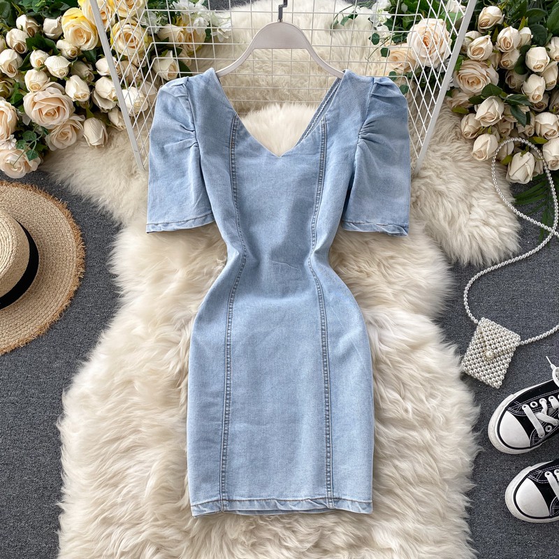 HÀNG ORDER-DN222 - Đầm ôm body denim cổ V tay lỡ chéo lưng thời trang