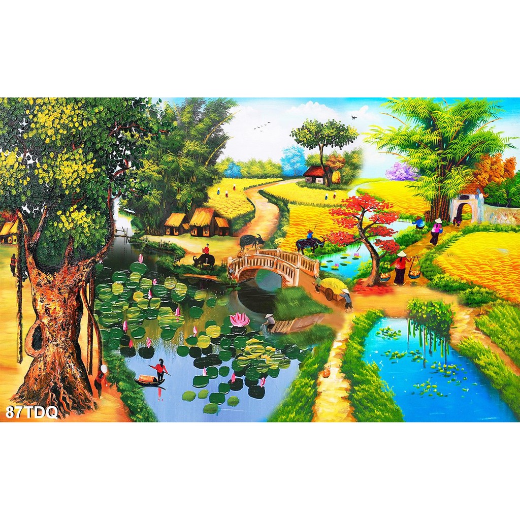 TRANH DÁN TƯỜNG LÀNG QUÊ VIỆT NAM  - TRANH DÁN TƯỜNG ĐỒNG QUÊ 3D NÉT GIẢ SƠN DẦU