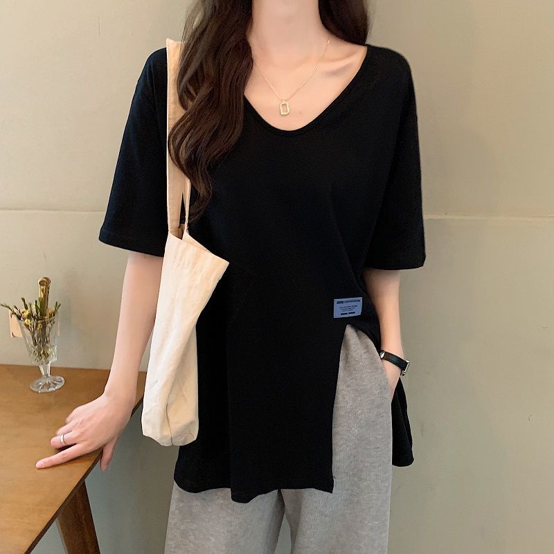 Áo Thun Tay Ngắn Cổ Chữ v Form Rộng Thiết Kế Xẻ Tà Phong Cách Mới