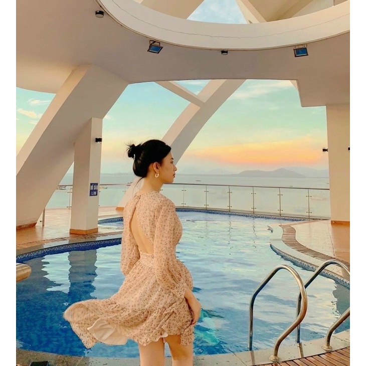 Đầm hoa cut out lưng tay dài 2 màu hoạ tiết nhẹ nhàng