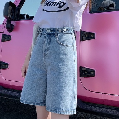 Quần short jean đai chỉnh eo, quần sooc bò ống rộng lưng cao có đai chỉnh eo tiện lợi