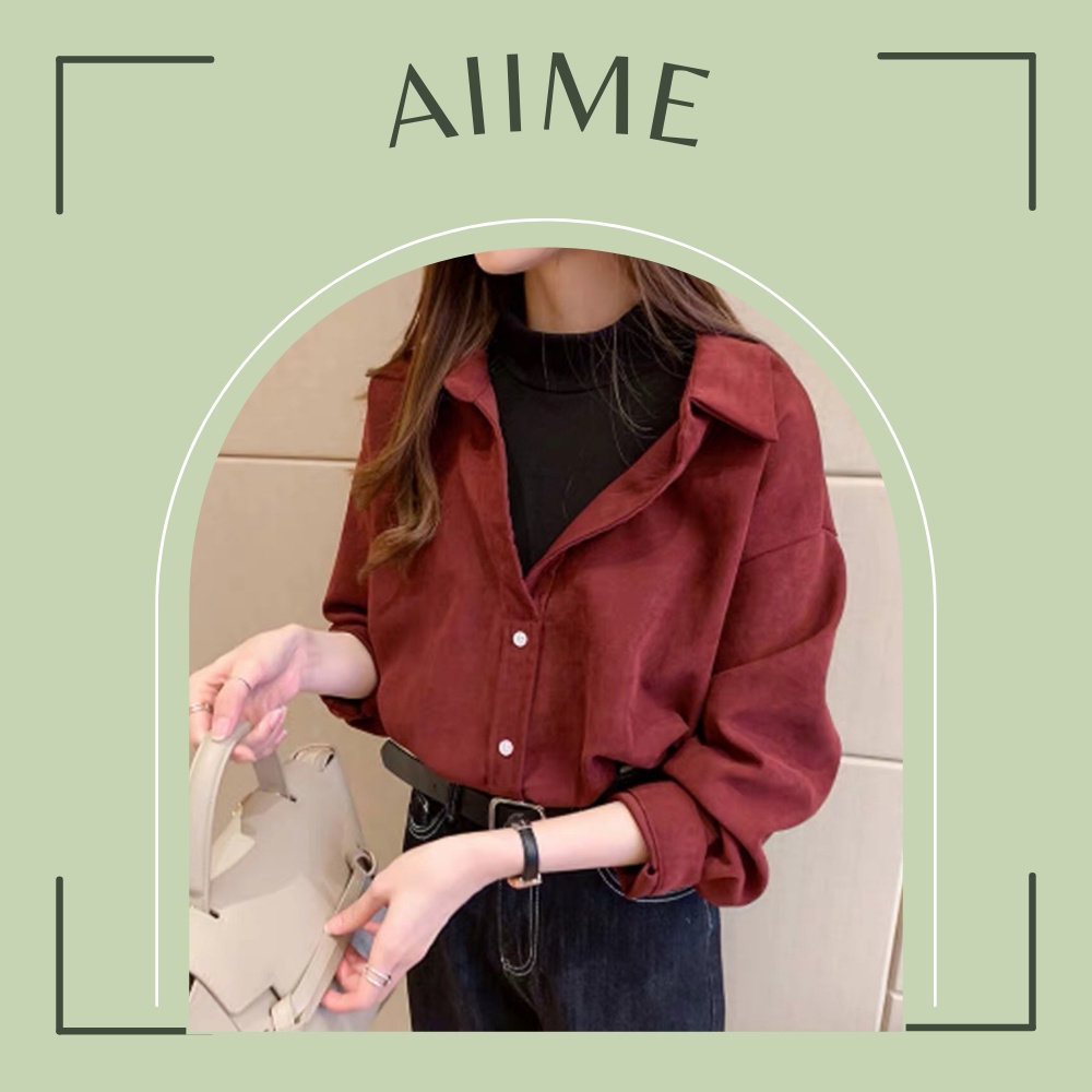 Áo sơ mi nữ nhung tăm kiểu cổ vest Hàn Quốc
