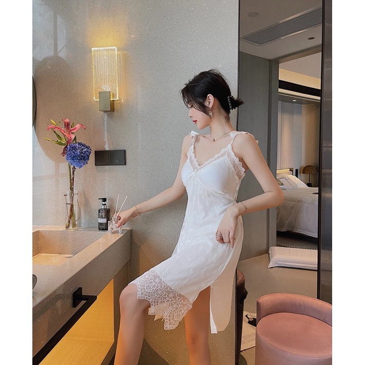 Váy ngủ sexy ren mềm phối lụa cao cấp, Đồ ngủ mặc nhà gợi cảm quyến rũ