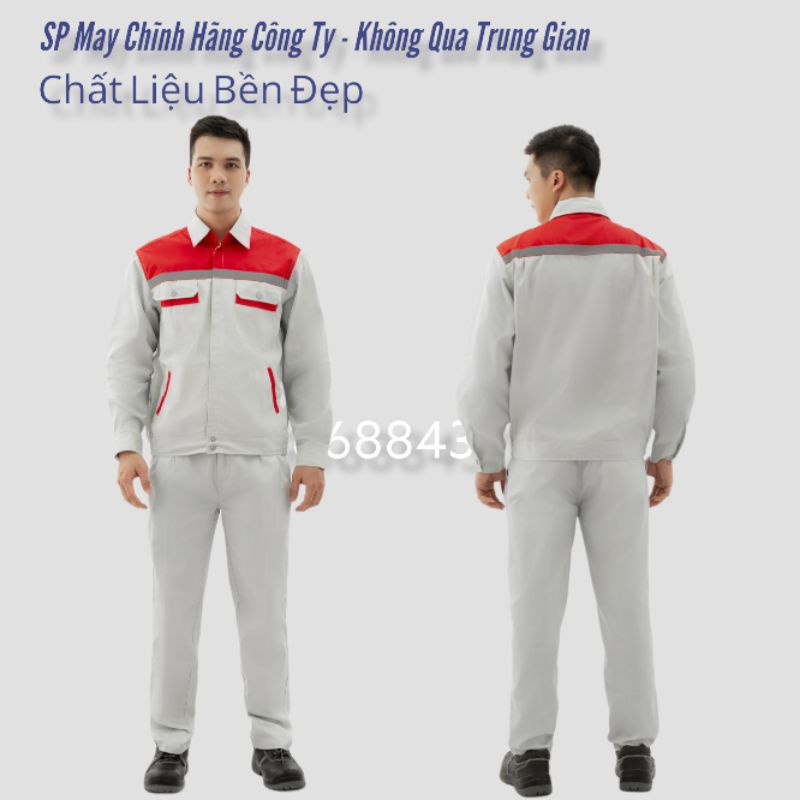 Quần Áo Bảo Hộ Lao Động Màu Ghi Sáng Phối Đỏ