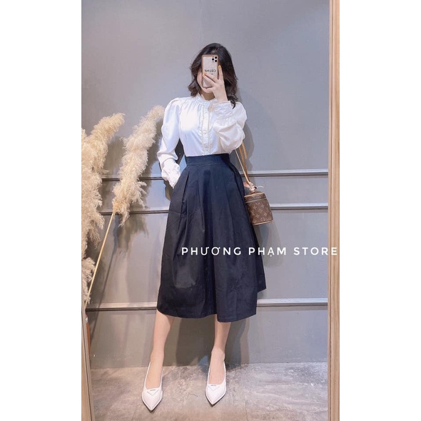 Set sơ mi tay dài cổ trụ công sở đính cúc ngọc tay bo viền điệu đà sang chảnh kèm chân váy dài xoè nhẹ vintage