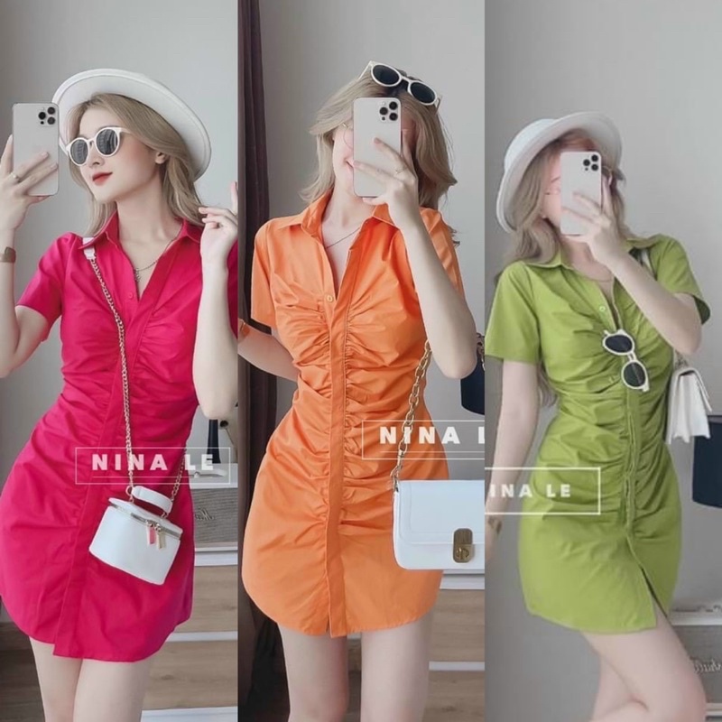 Đầm Sơ Mi Nữ Công Sở Đi Tiệc Váy Body Rúm Eo Tay Ngắn Chất Mát