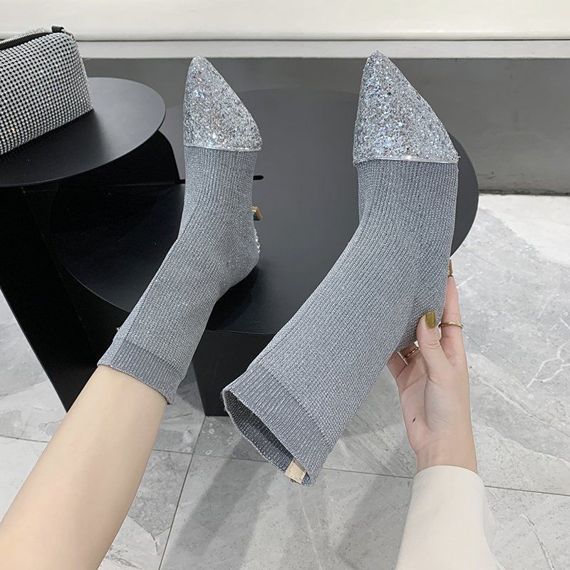 NEW Sale#Giày cao gót mũi nhọn dành cho trẻ em mùa thu và đông 2021 tất kéo dài đính sequined bốt rhinestone ống . '