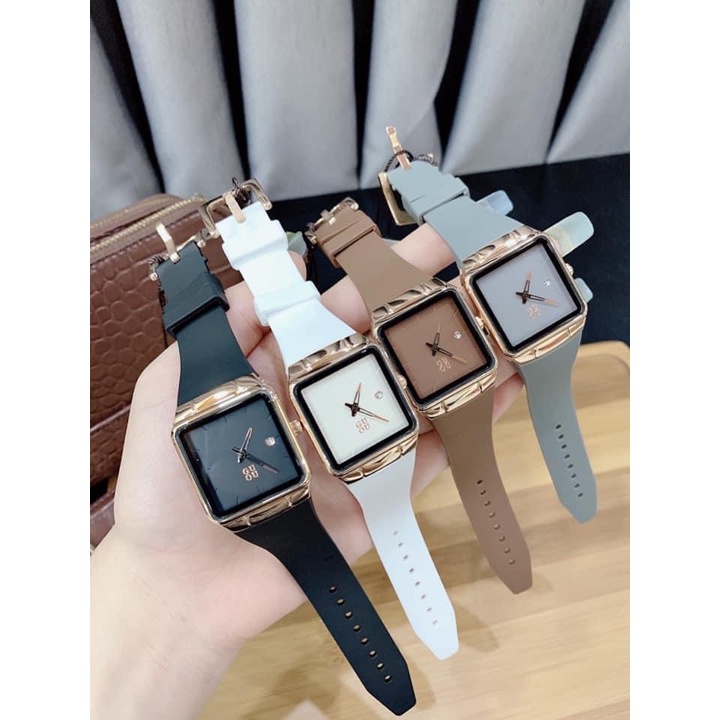 Đồng hồ nữ g.u.o.u unisex bản ip quai silicol mặt chữ nhật siêu hot 2021 bản dây aple donghonu