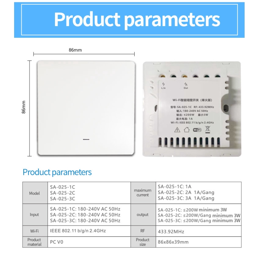 eWelink Wifi Smart Single Fire Wire Wall Light Switch 86 Model 180-240V RF433mhz No Neutral Line Switch Remote Control 【nuuo】