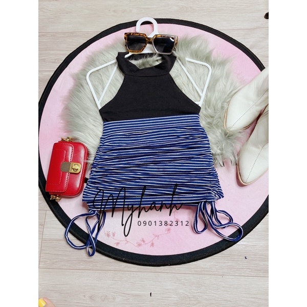 set áo yếm + chân váy kẻ rút dây cực xinh (7-23kg)