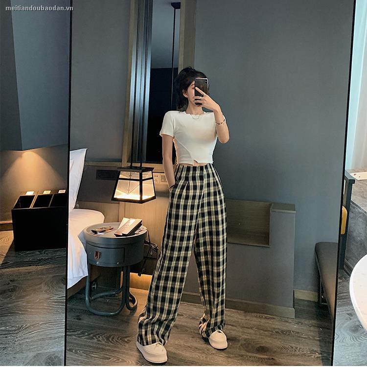 ﹉▨┅Summer Korean version of 2020 new high waist loose drape wide-leg trousers ins all-match plaid casual pants women’s trend