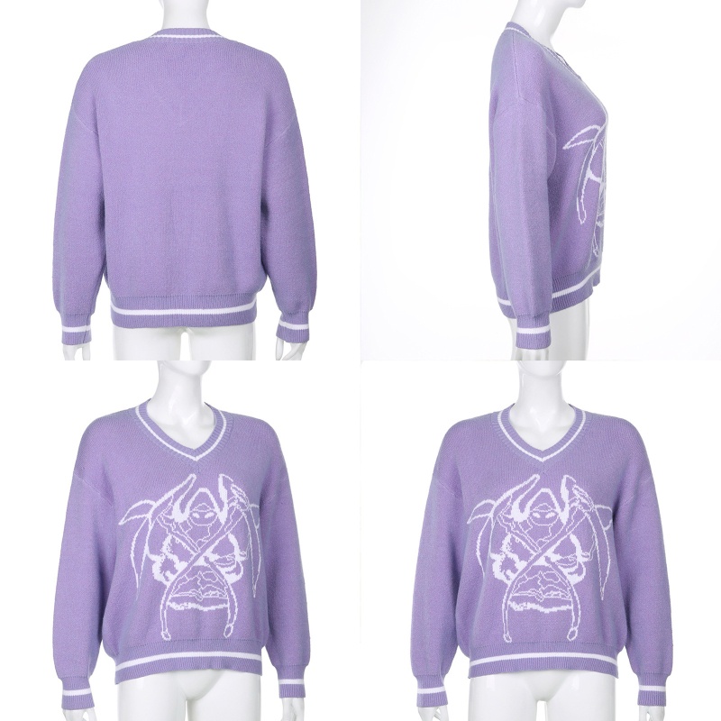 Áo Sweater Dệt Kim Tay Dài Cổ Chữ V In Hình Quỷ Thời Trang Harajuku Dành Cho Nữ