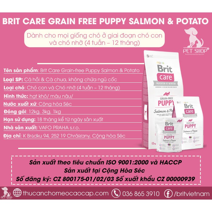 Thức Ăn Cho Chó Alaska 1-3 Tháng Tuổi | Brit Care Grain-Free Puppy Salmon & Potato